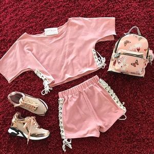 Two piece lace up sides pink shorts and tee set